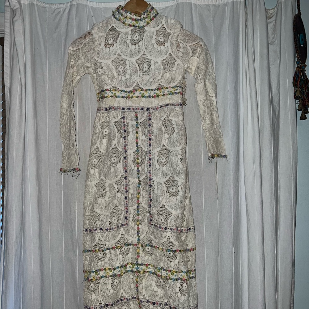 Vintage handmade Chic Lace Dress with Multicolor Detailed embroidered flowers